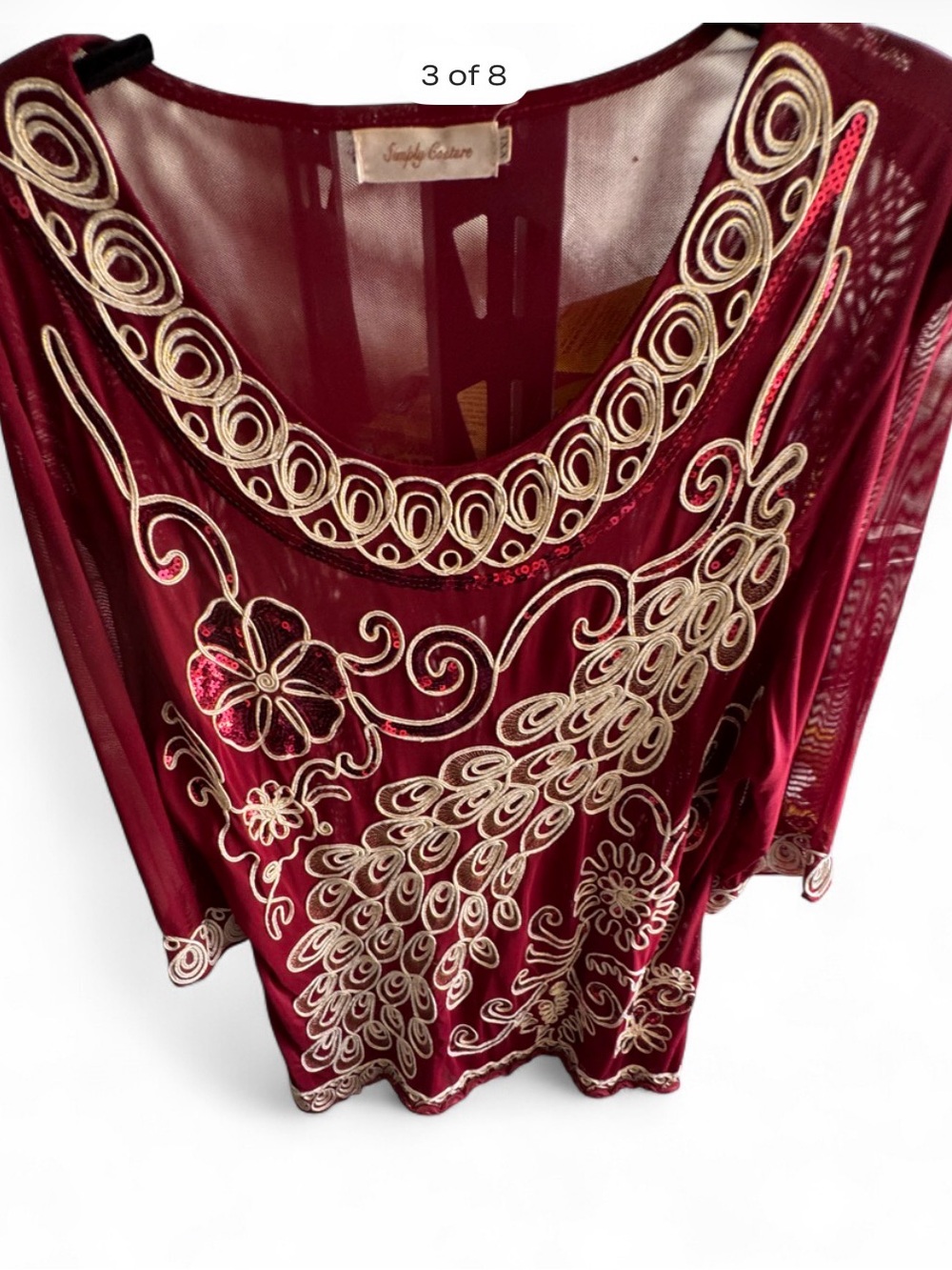 Simply Couture Art Deco Burgundy Sequin Peacock Tunic Blouse XXL - Picture 3 of 8